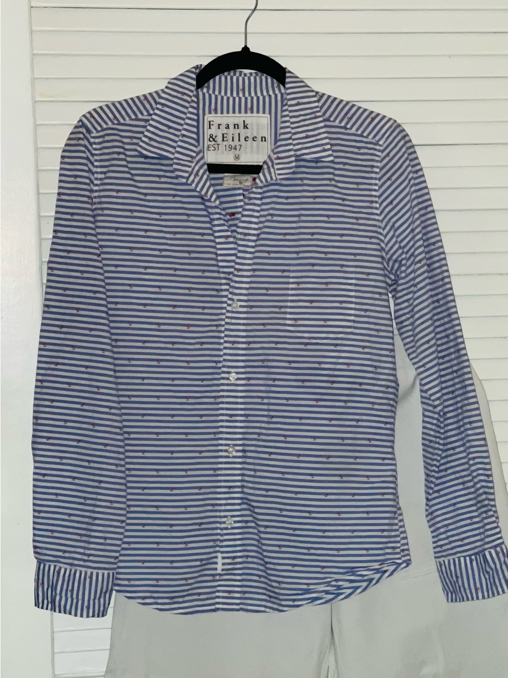 Frank & Eileen womens Blue Striped Button-Down Shirt with Red Anchors